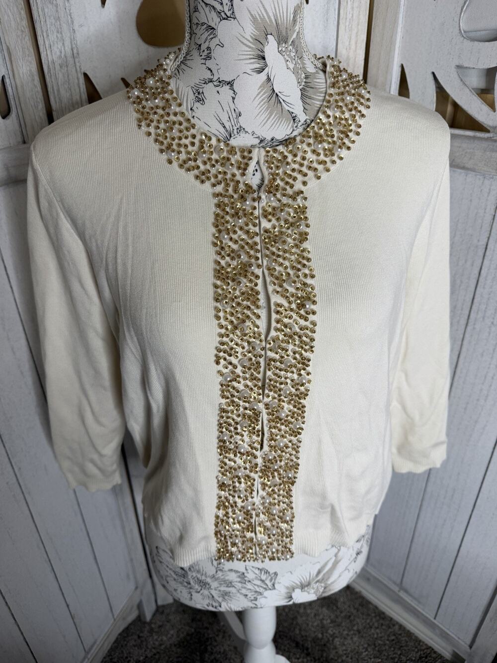 Y2K Evelyn Ivory Silk Blend Beaded Cardigan Sweater Gold Pearl Beaded New! XL